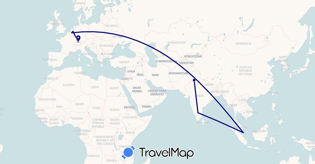 TravelMap itinerary: driving in Belgium, Switzerland, India, Netherlands, Singapore (Asia, Europe)